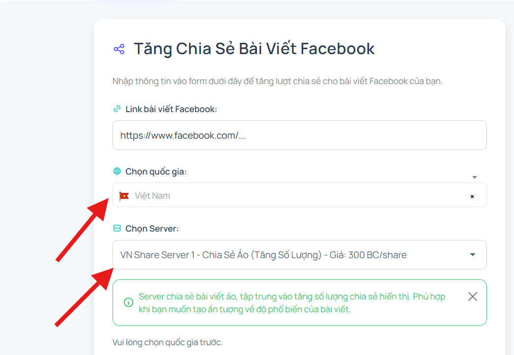 Bước 3: Chọn server và gói chia sẻ