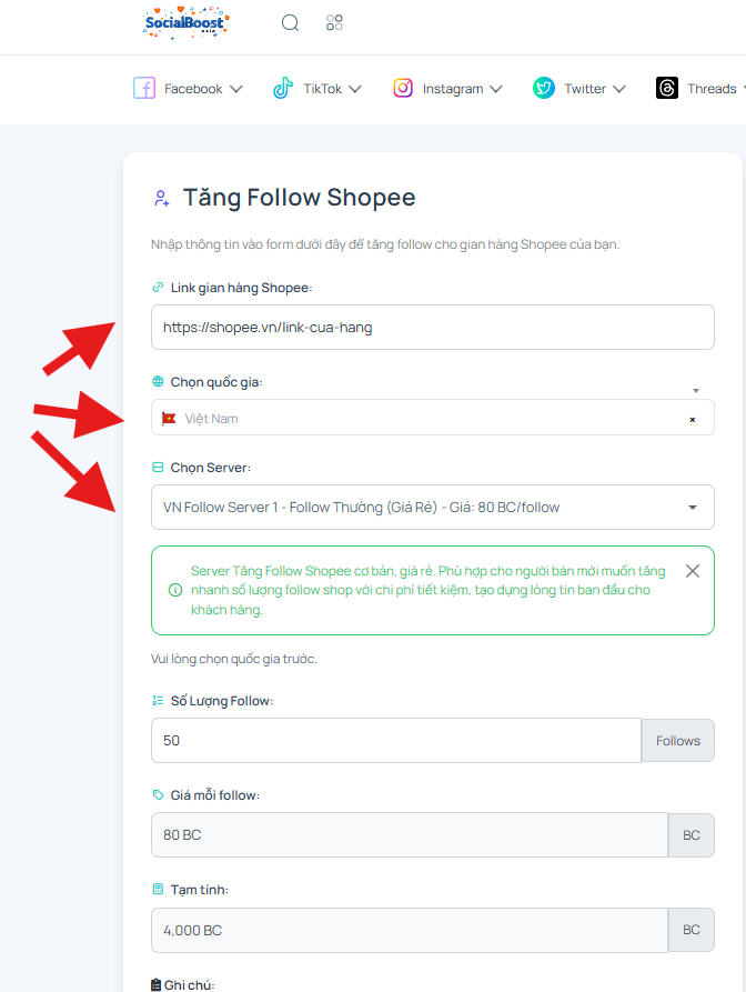 Bước 3: Chọn server và gói follow
