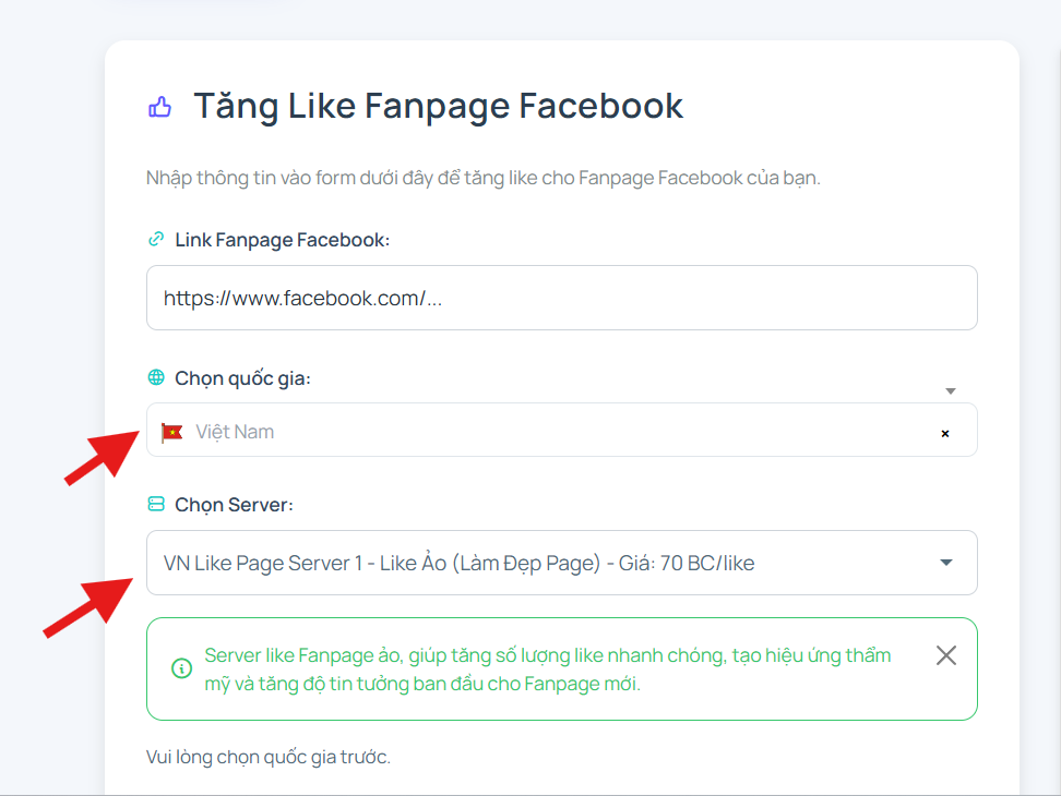 Bước 3: Chọn server và gói like