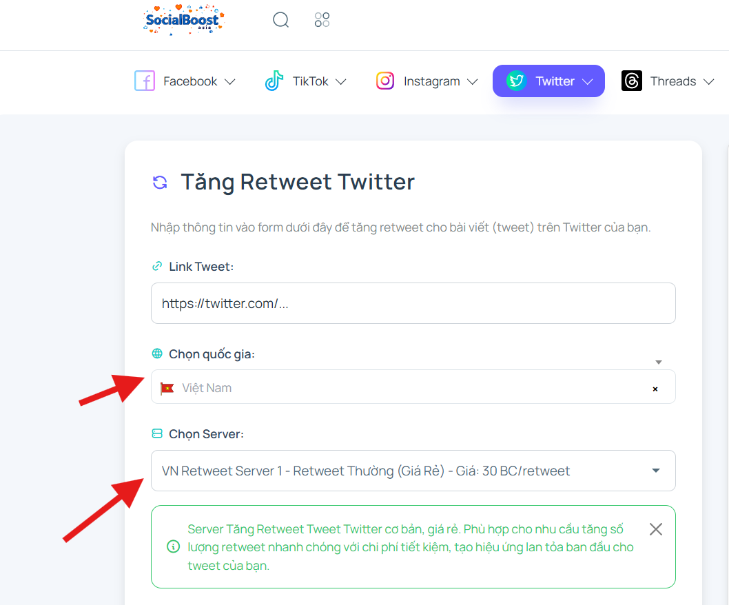 Bước 3: Chọn server và gói retweet