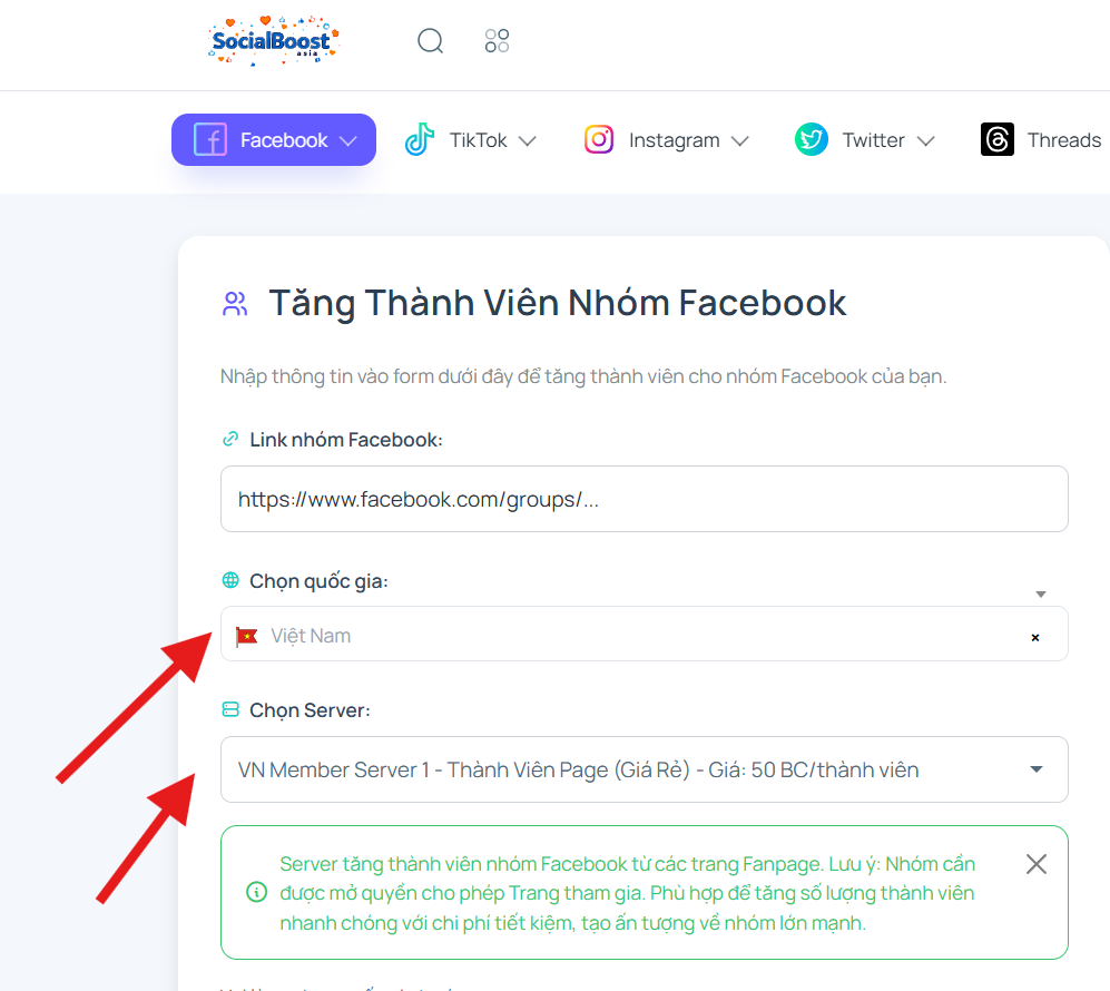 Bước 3: Chọn server và gói thành viên