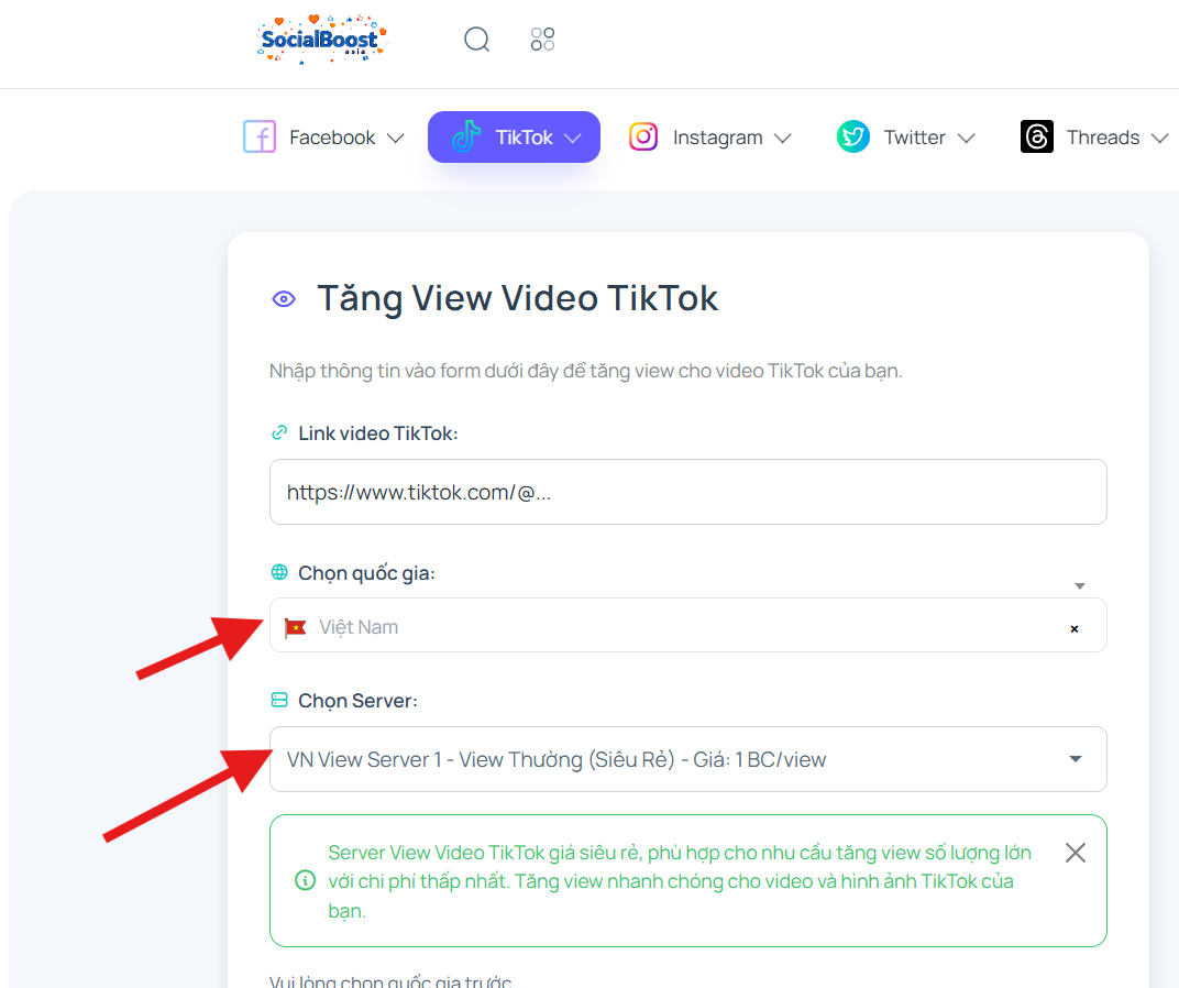 Bước 3: Chọn server và gói view