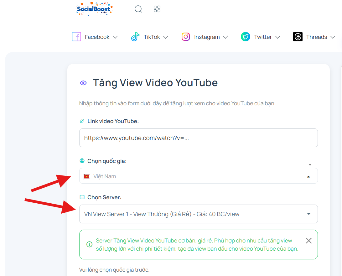 Bước 3: Chọn server và gói view
