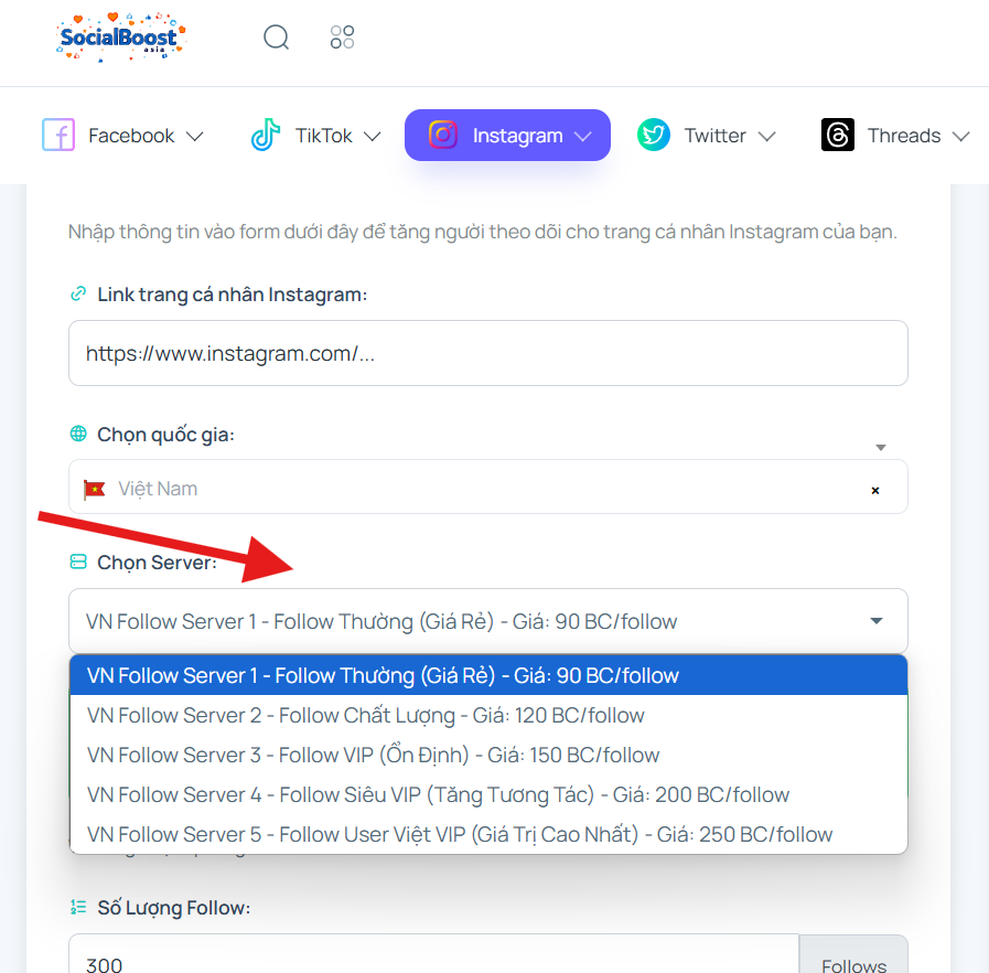 Bước 3: Chọn gói follow
