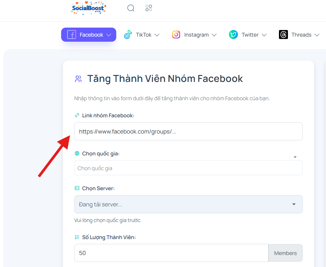 Bước 2: Nhập link nhóm Facebook