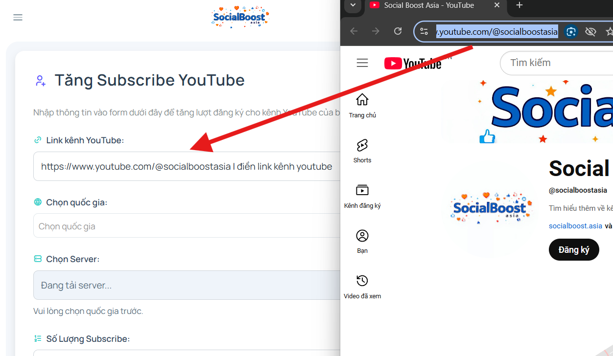 Bước 2: Nhập link kênh Youtube