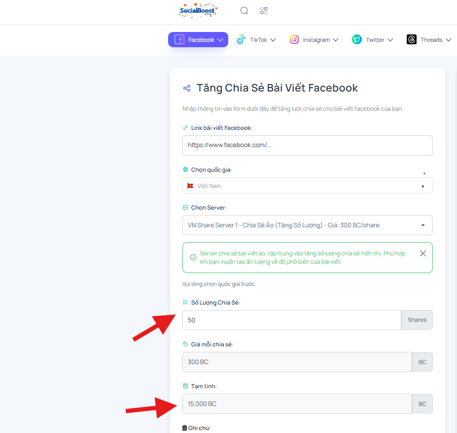 Bước 4: Chọn số lượng chia sẻ và xem chi phí
