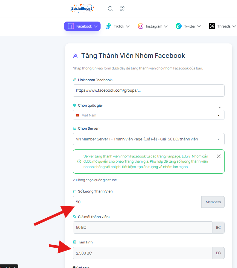Bước 4: Chọn số lượng thành viên và xem chi phí