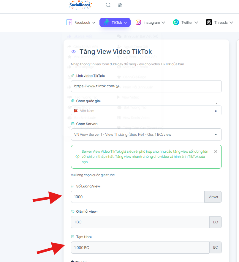 Bước 4: Chọn số lượng view và xem chi phí