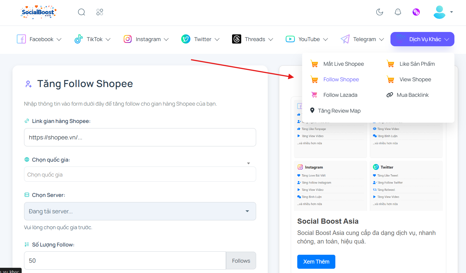Bước 1: Truy cập trang dịch vụ tăng follow Shopee