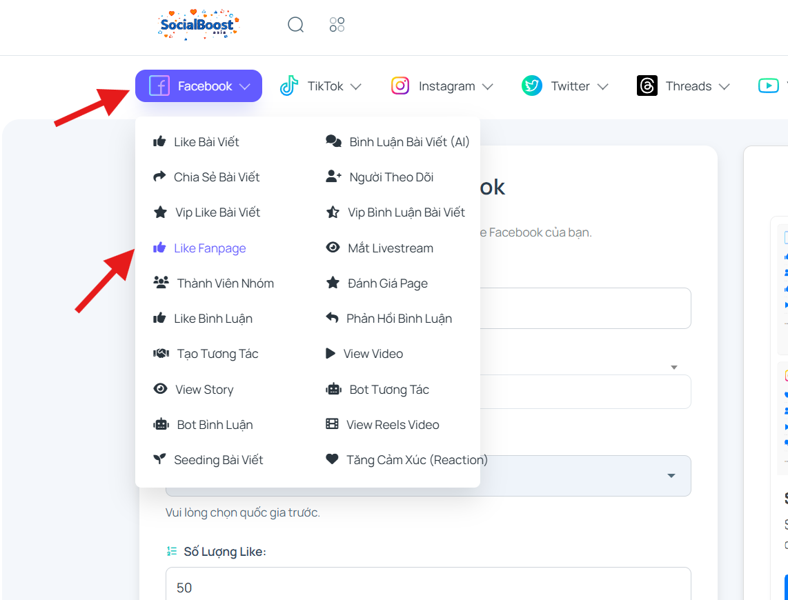Bước 1: Truy cập trang dịch vụ tăng like Fanpage Facebook
