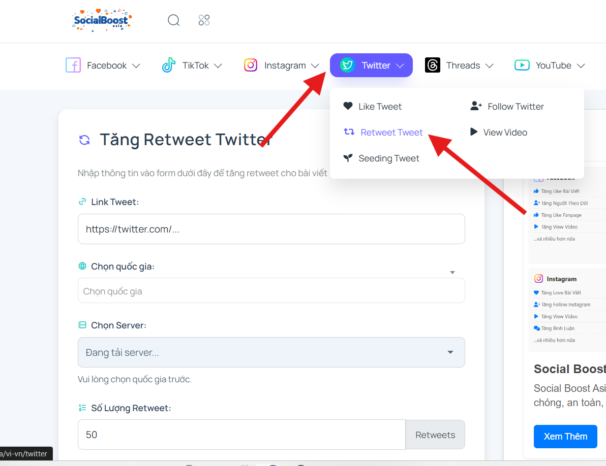 Bước 1: Truy cập trang dịch vụ tăng retweet Twitter