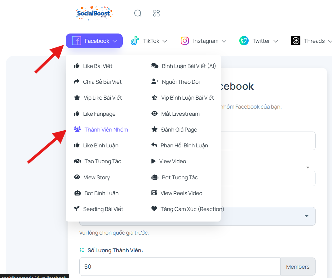 Bước 1: Truy cập trang dịch vụ tăng thành viên nhóm Facebook