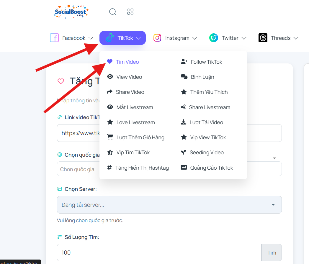 Bước 1: Truy cập trang dịch vụ tăng tim TikTok