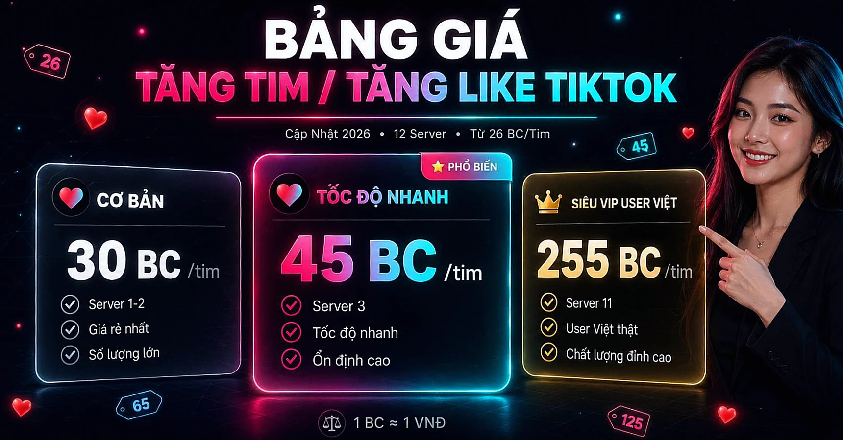 Bảng Giá Tăng Tim TikTok, Tăng Like TikTok 2026 - 12 Server SocialBoost Asia