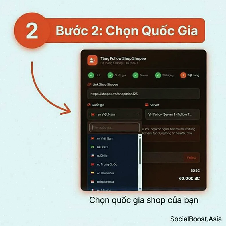 Bước 2 hướng dẫn tăng follow Shopee chọn quốc gia