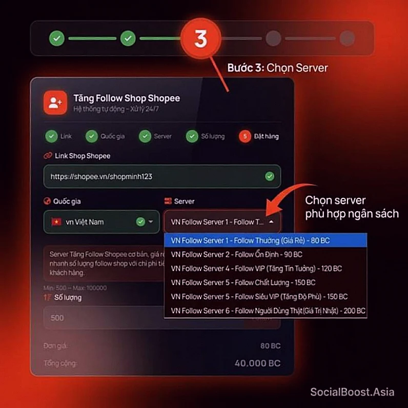 Bước 3 hướng dẫn tăng follow Shopee chọn server