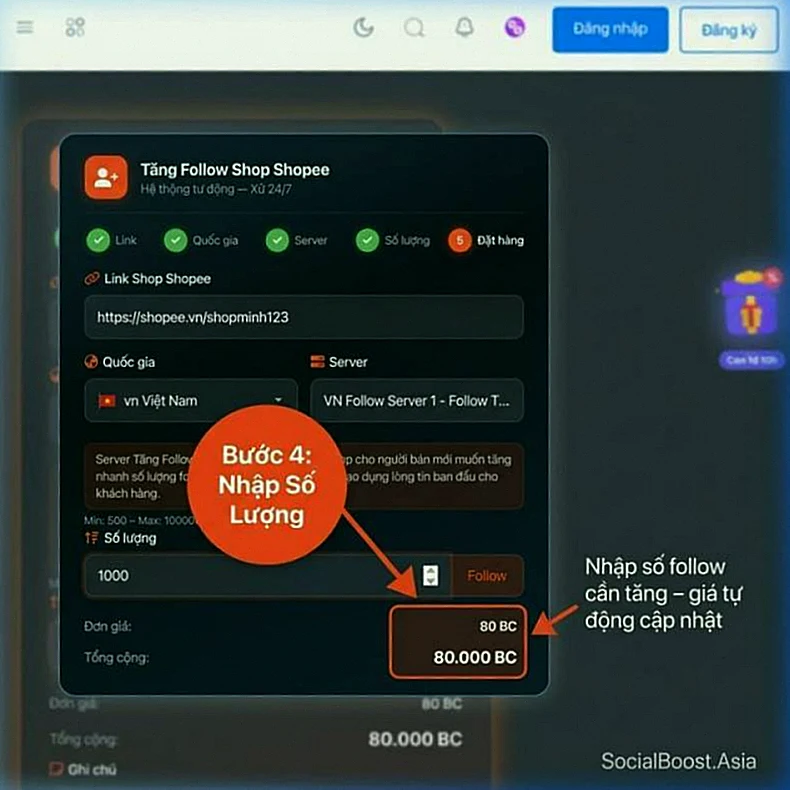 Bước 4 hướng dẫn tăng follow Shopee nhập số lượng và xem giá