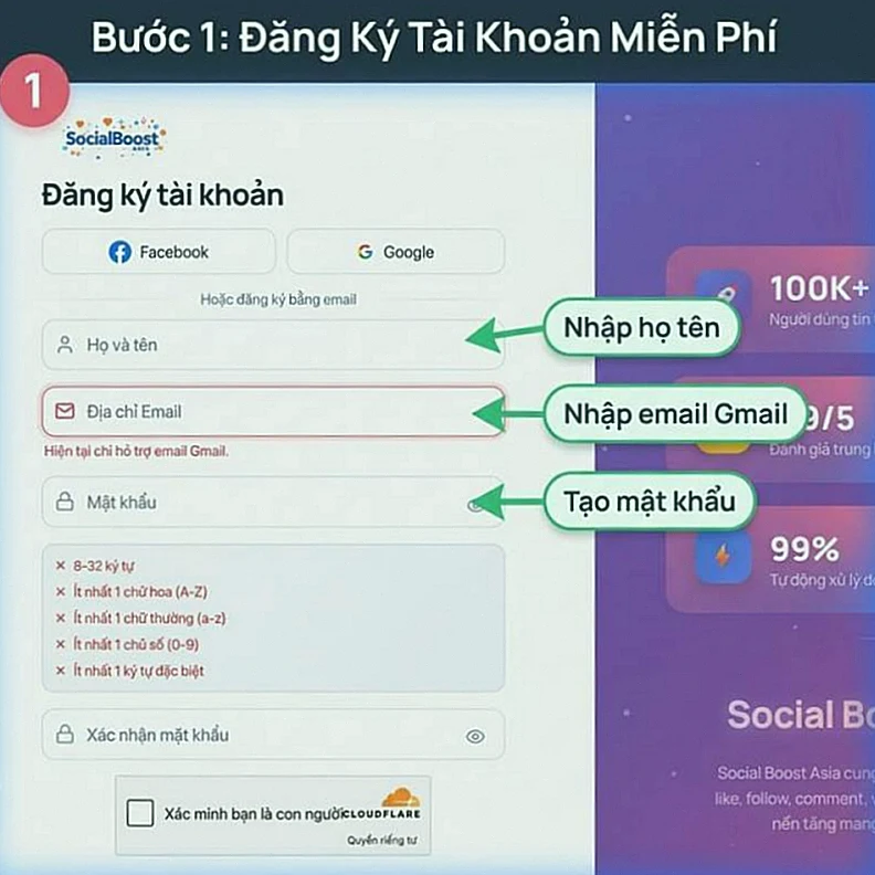 Bước 1 - Đăng ký tài khoản SocialBoost.asia để tăng tim TikTok