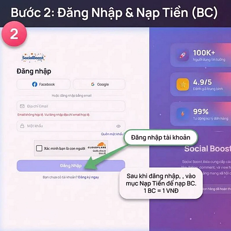 Bước 2 - Đăng nhập và nạp tiền BC để mua tim TikTok