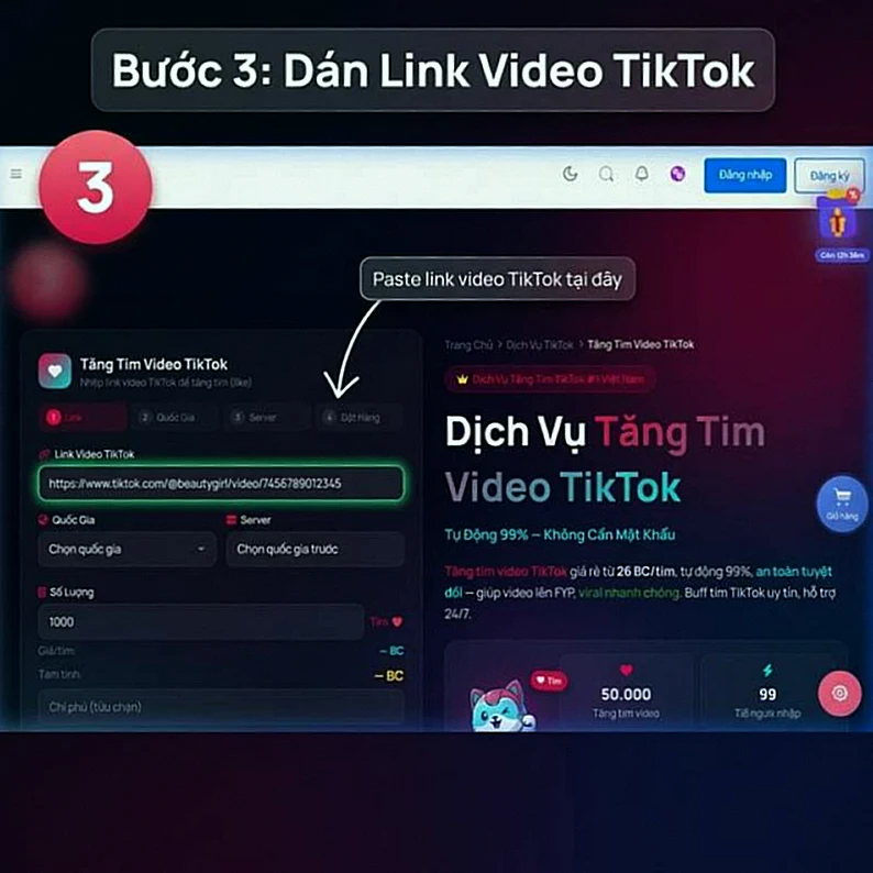 Bước 3 - Dán link video TikTok vào form đặt hàng tăng tim