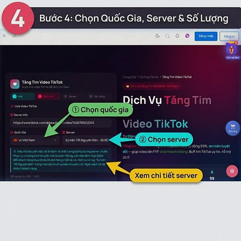 Bước 4 - Chọn quốc gia, server và số lượng tim TikTok