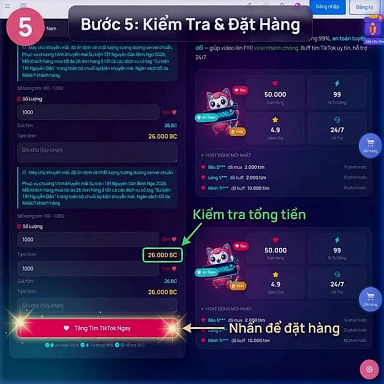 Bước 5 - Kiểm tra tổng tiền và đặt hàng tăng tim TikTok