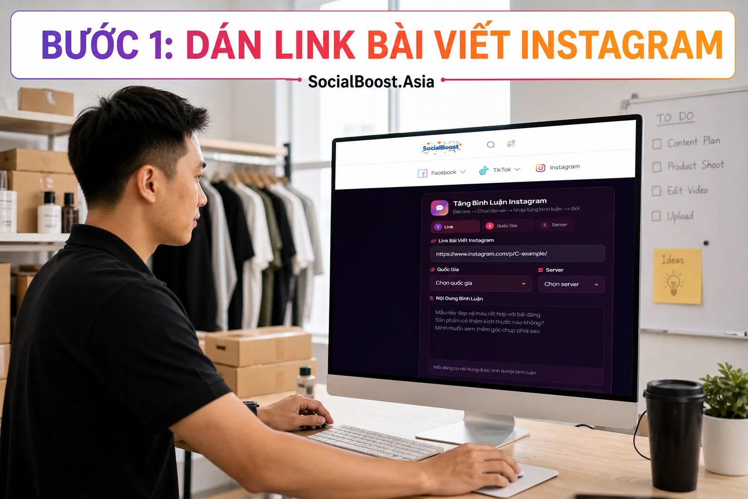 Người dùng dán link vào form tăng bình luận Instagram Social Boost Asia