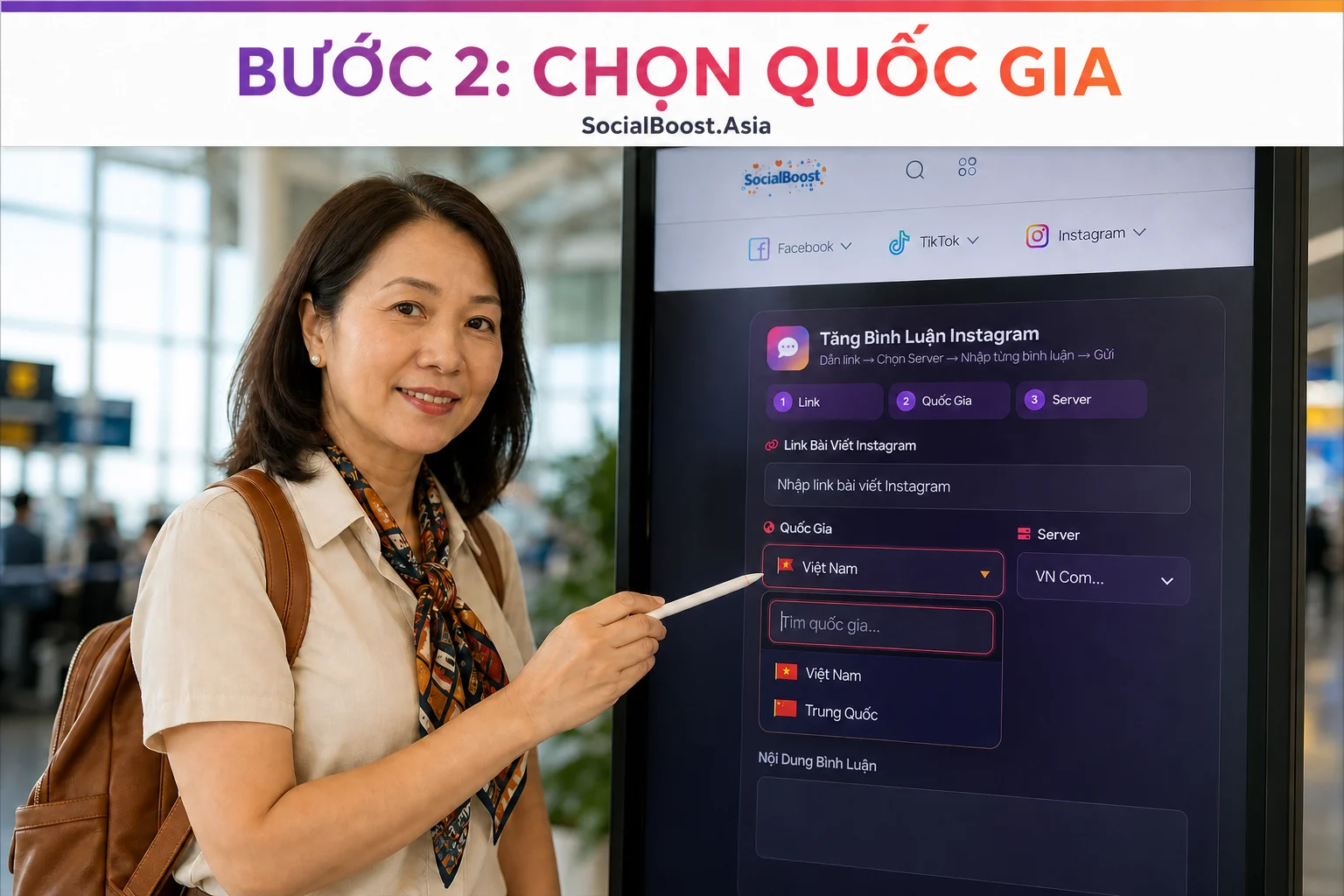 Chọn quốc gia trên form tăng comment Instagram theo yêu cầu