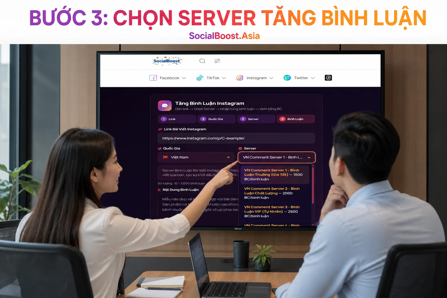 Chọn Server trên form mua bình luận Instagram
