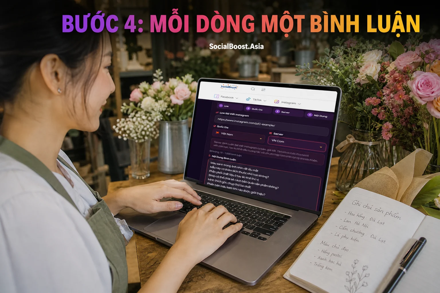 Nhập mỗi dòng một bình luận Instagram trong form Social Boost Asia