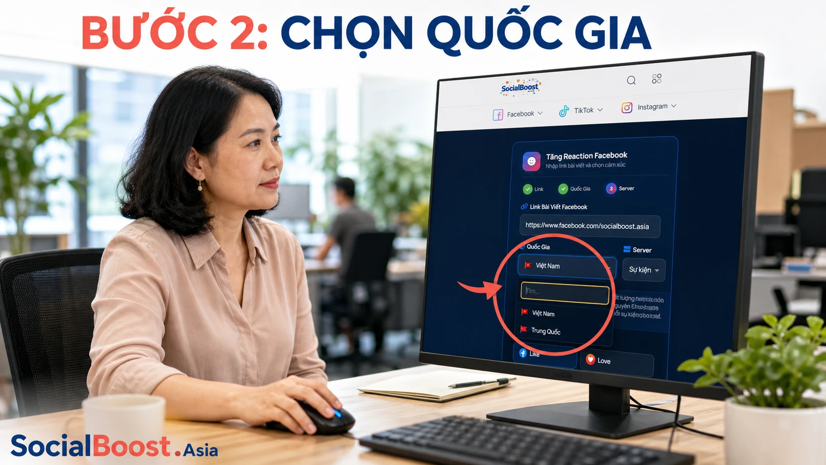 Hướng dẫn tăng cảm xúc Facebook bước chọn quốc gia trên form