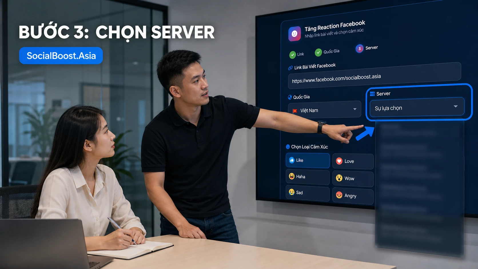 Hướng dẫn tăng reaction Facebook bước chọn server và đọc giới hạn