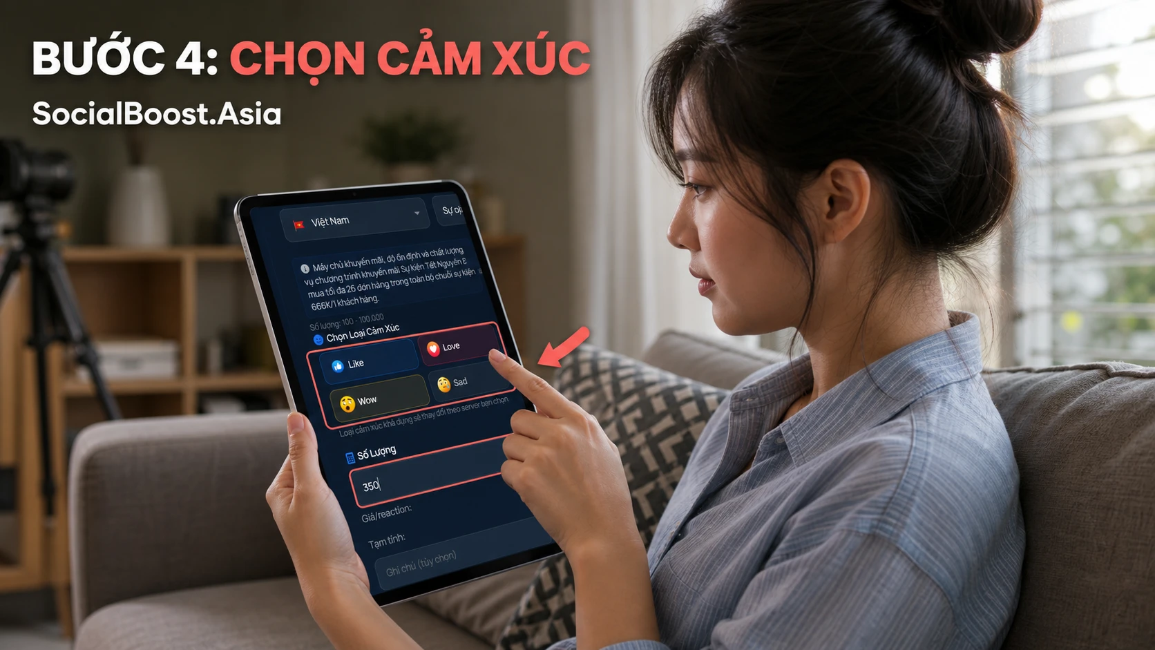 Hướng dẫn tăng cảm xúc bài viết Facebook bước chọn reaction và số lượng