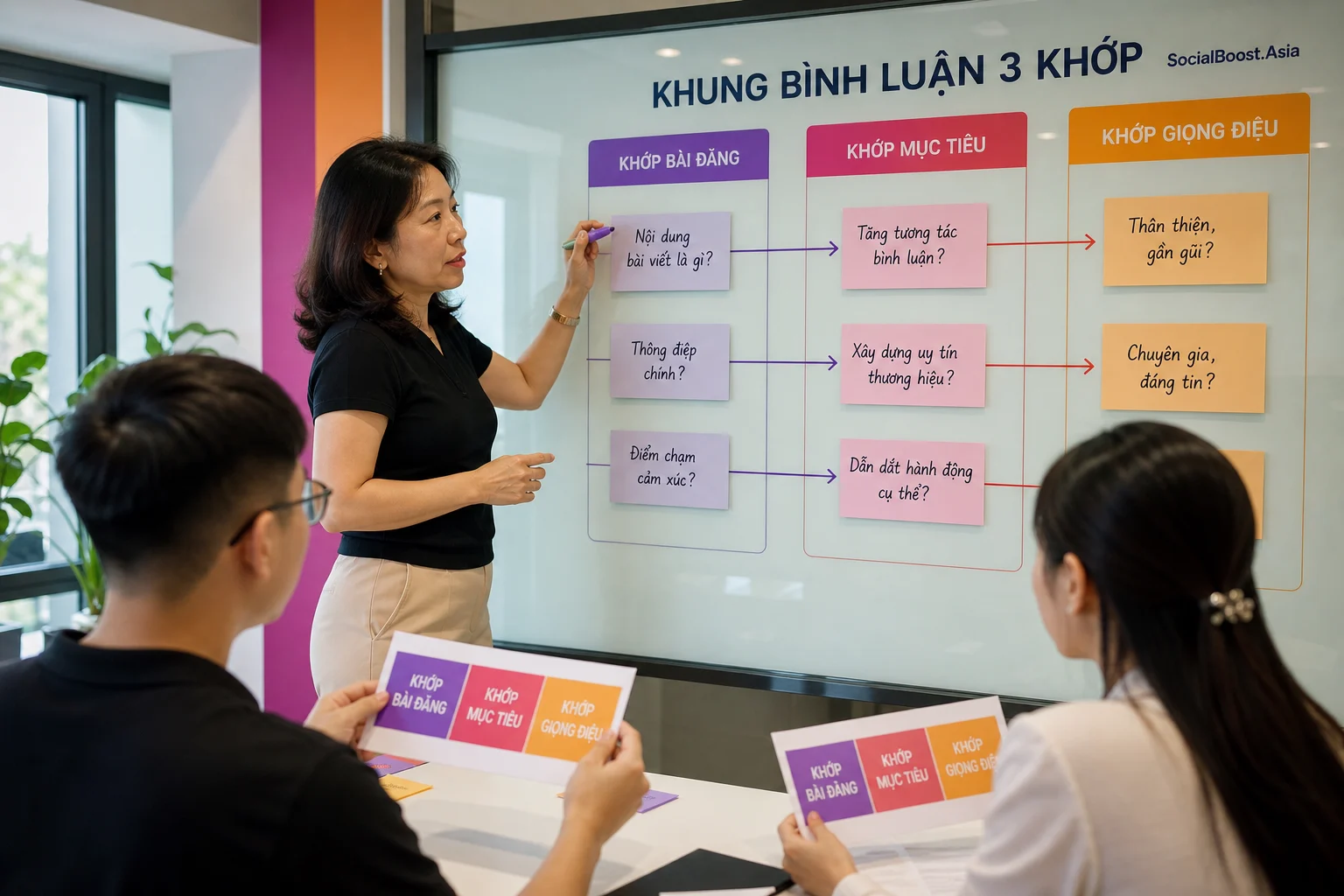Đội ngũ nội dung áp dụng Khung Bình Luận 3 Khớp Social Boost Asia