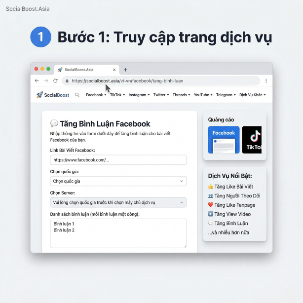 Bước 1 tăng comment Facebook - Truy cập trang dịch vụ SocialBoost