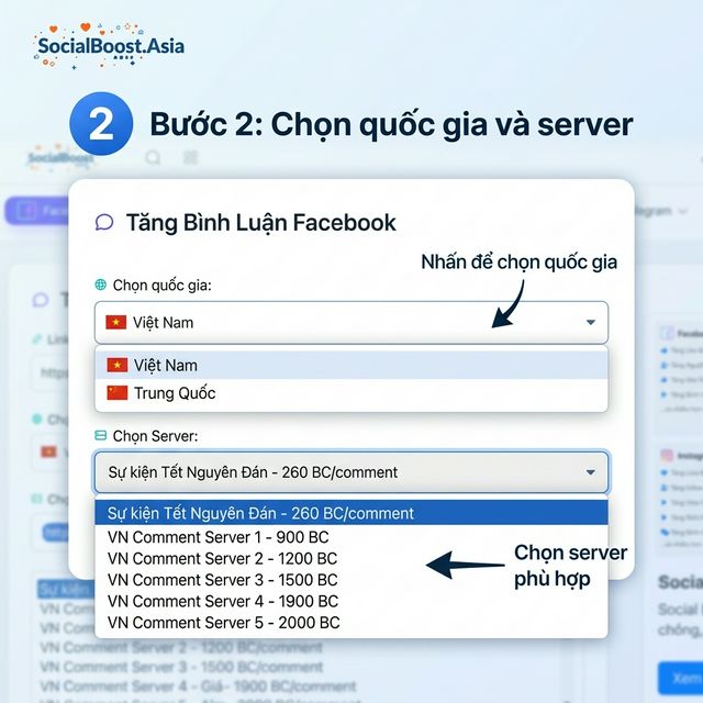 Bước 2 buff cmt Facebook - Chọn quốc gia và server
