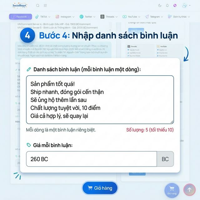 Bước 4 hack cmt FB - Nhập danh sách bình luận mong muốn