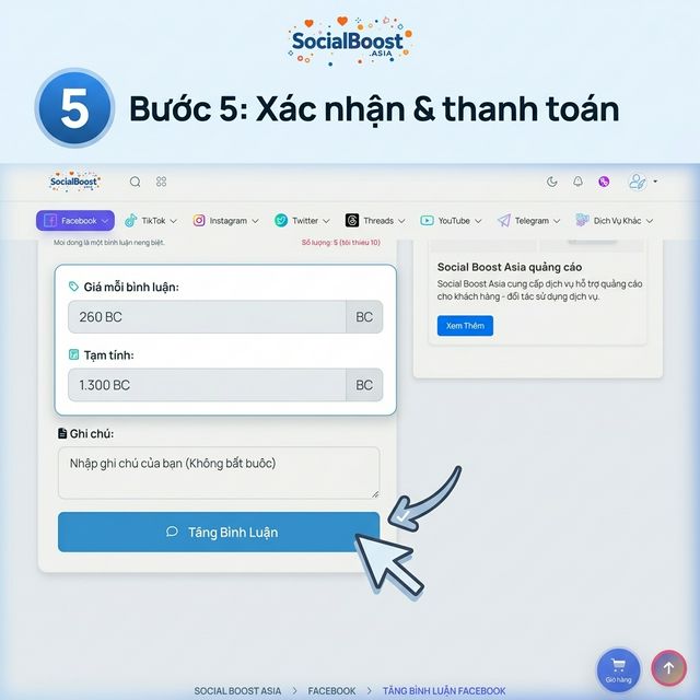Bước 5 buff bình luận FB - Xác nhận đơn hàng và thanh toán