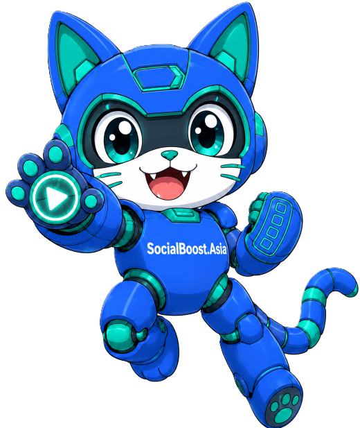 Robot mèo mascot tăng view Reels Facebook của Social Boost Asia