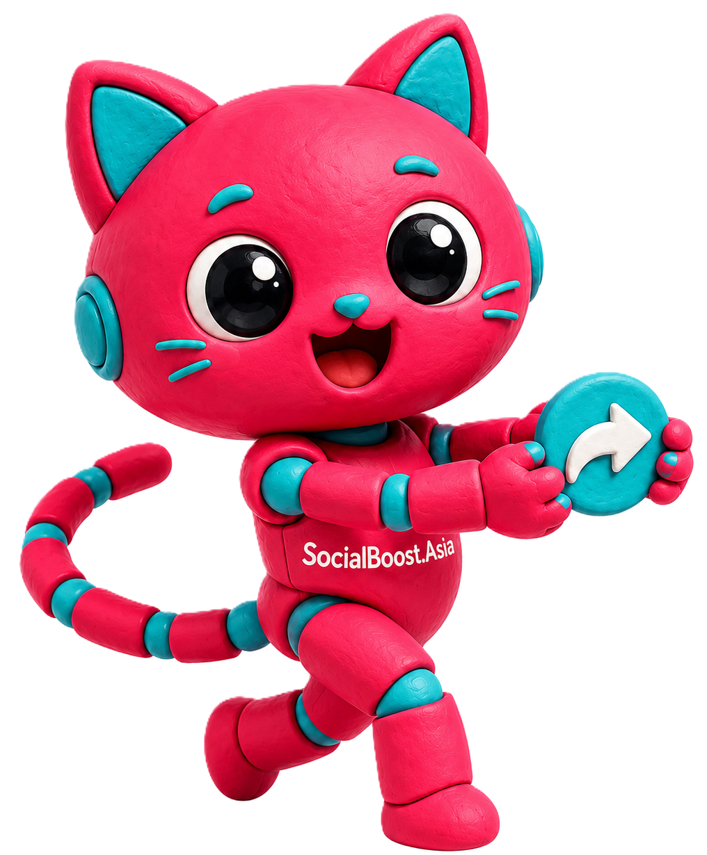 Robot mèo Social Boost Asia minh họa dịch vụ tăng share TikTok