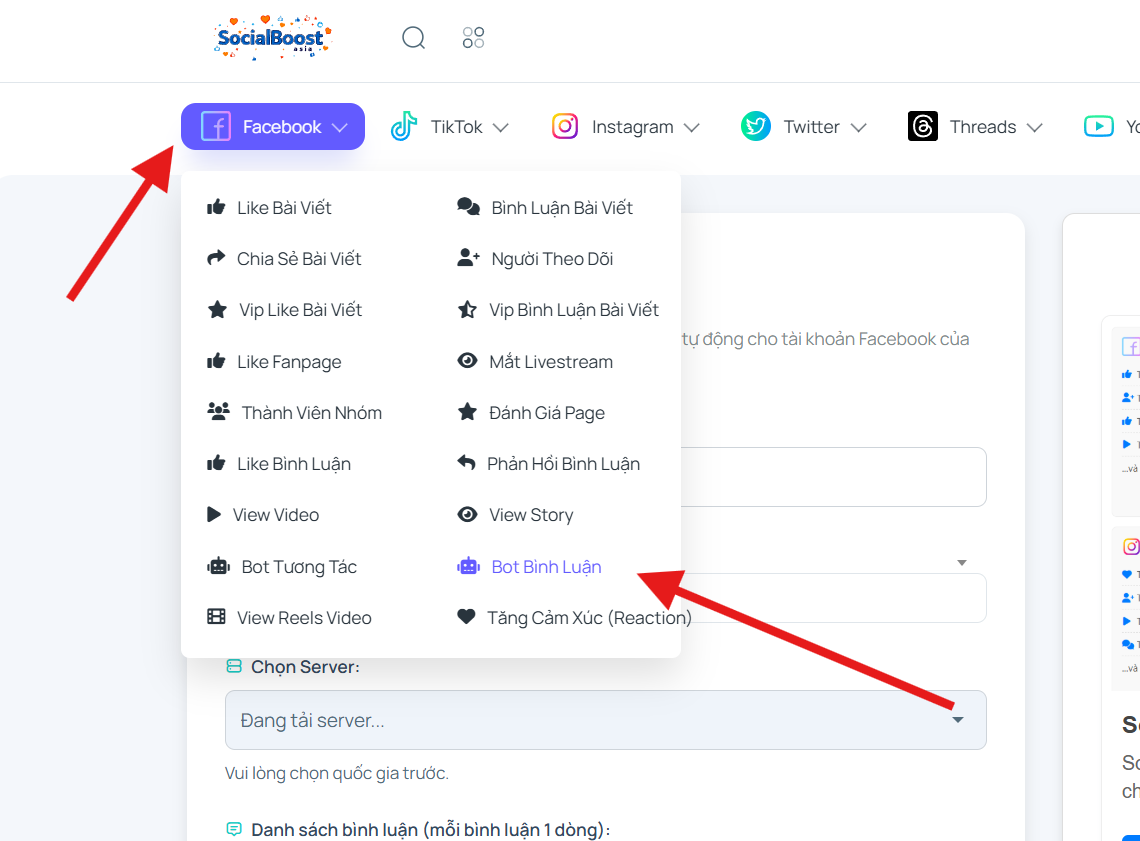 Bước 1: Truy cập dịch vụ BOT Comment Facebook