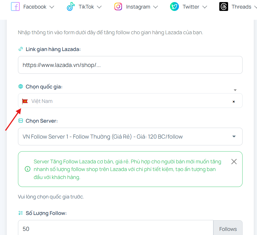 Bước 3: Chọn gói dịch vụ và số lượng follow