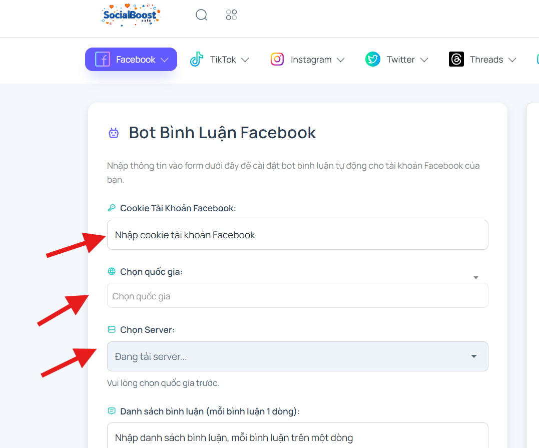 Bước 3: Chọn server và gói BOT