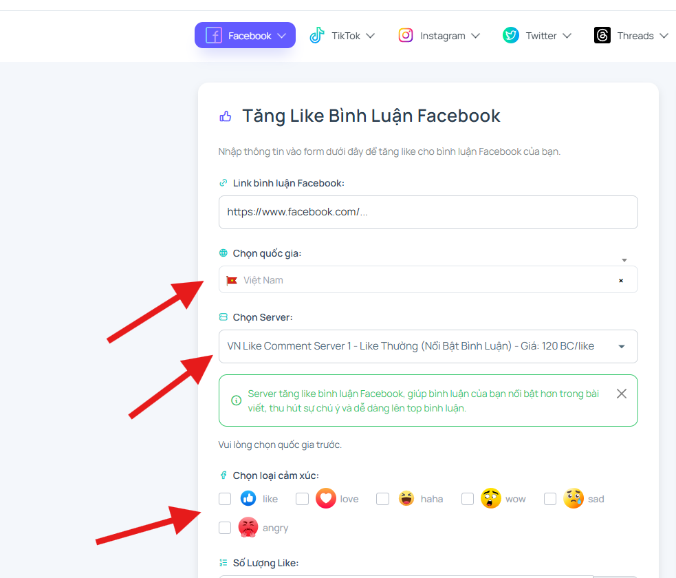 Bước 3 & 4: Chọn server và số lượng