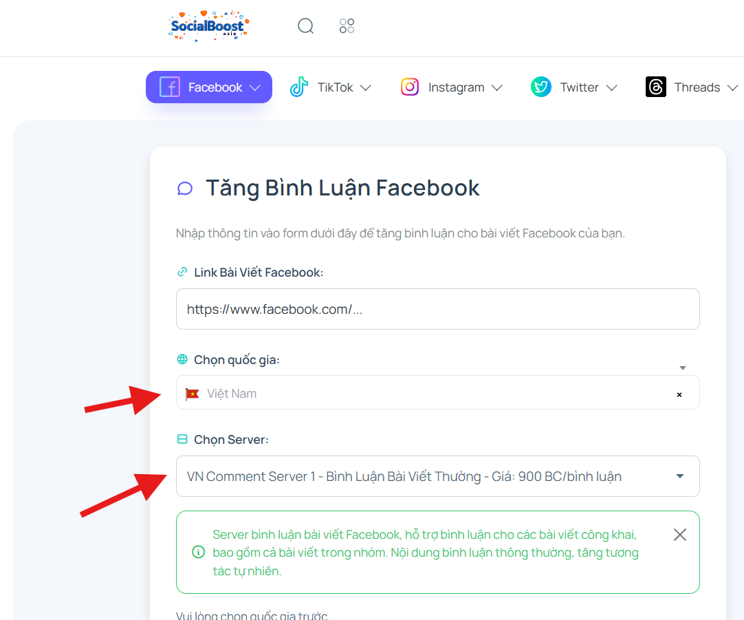 Bước 3: Chọn server và gói