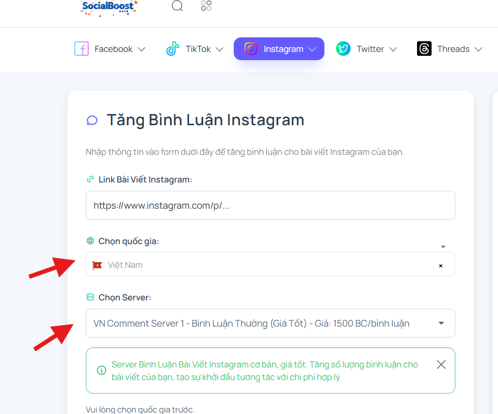 Bước 3: Chọn server và gói bình luận
