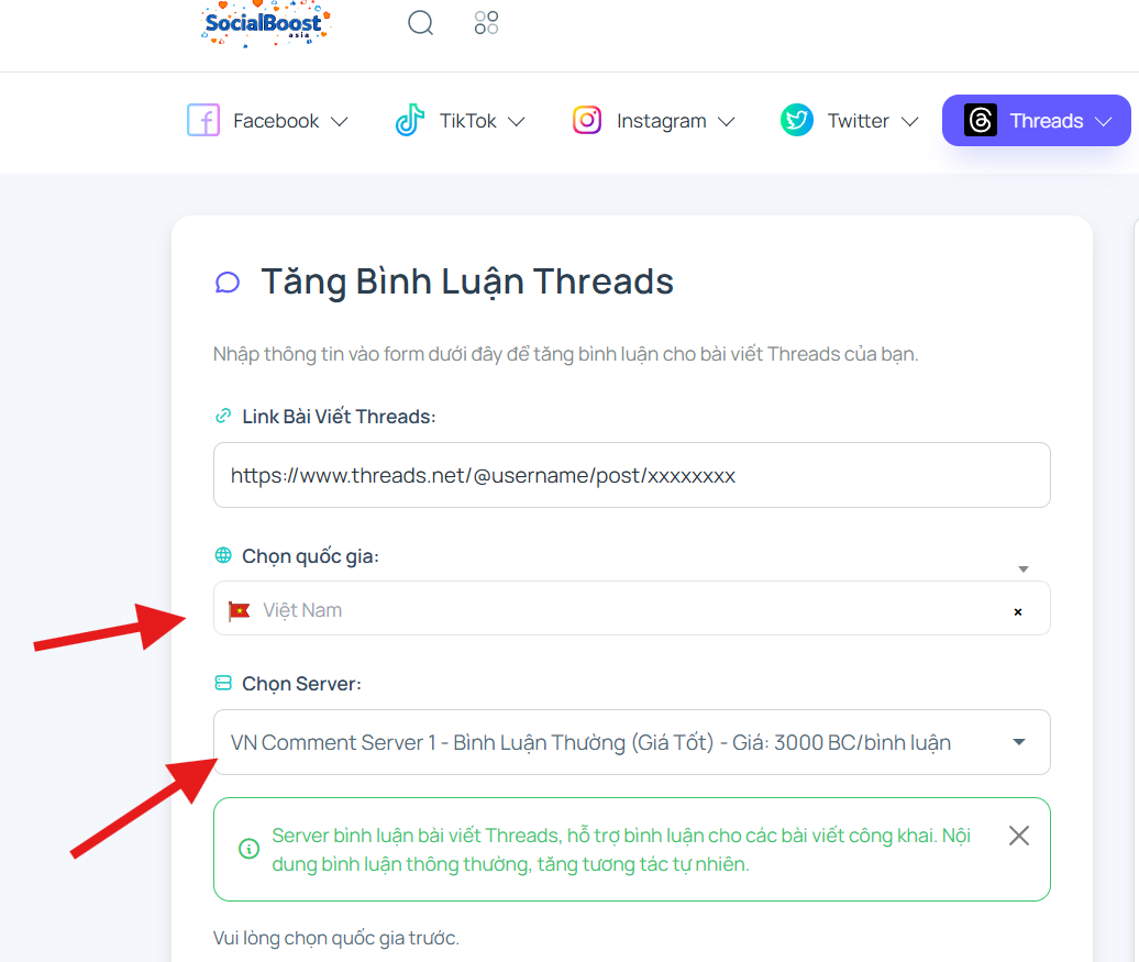 Bước 3 Chọn server và gói