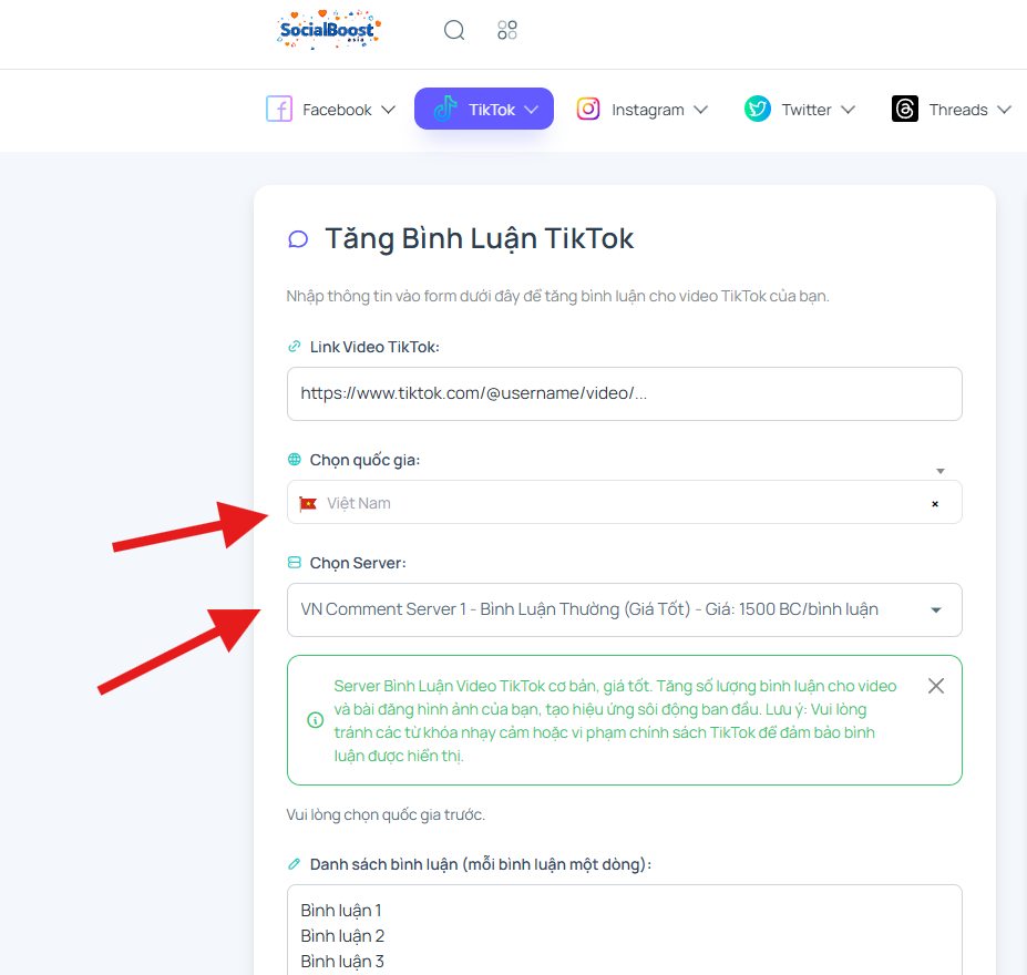 Bước 3: Chọn server và gói