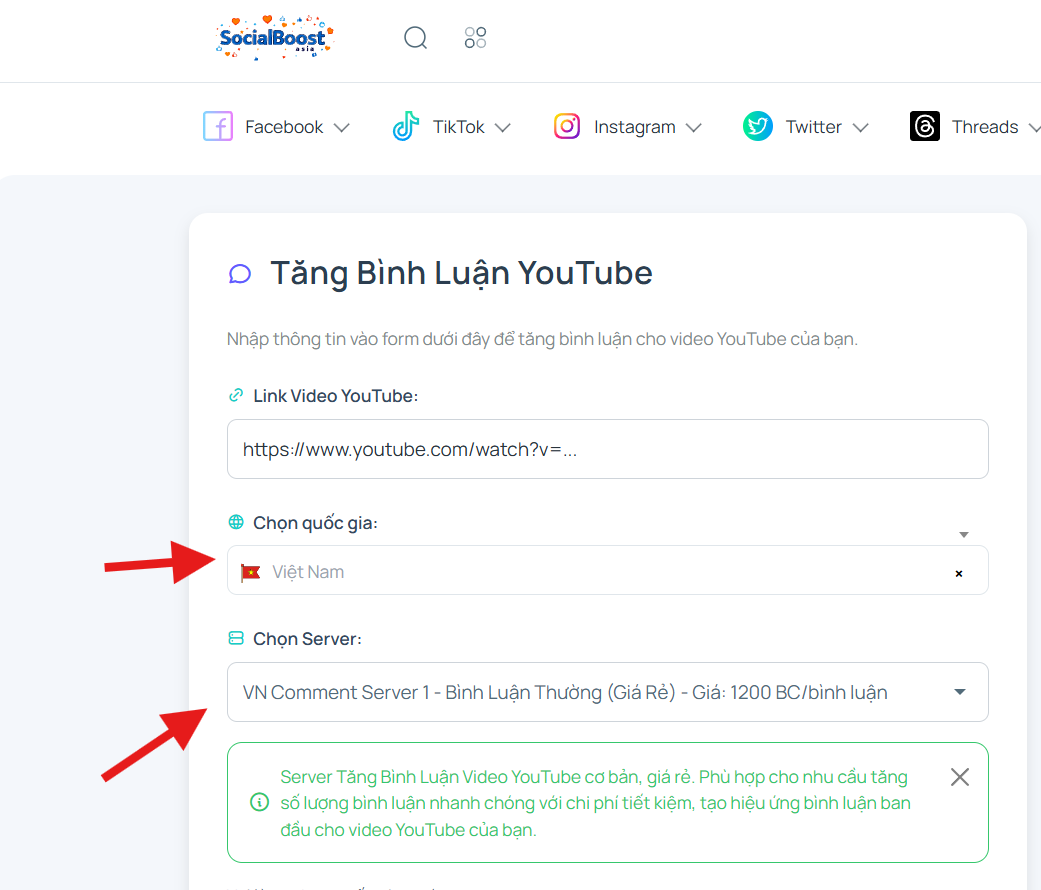 Bước 3: Chọn server và gói